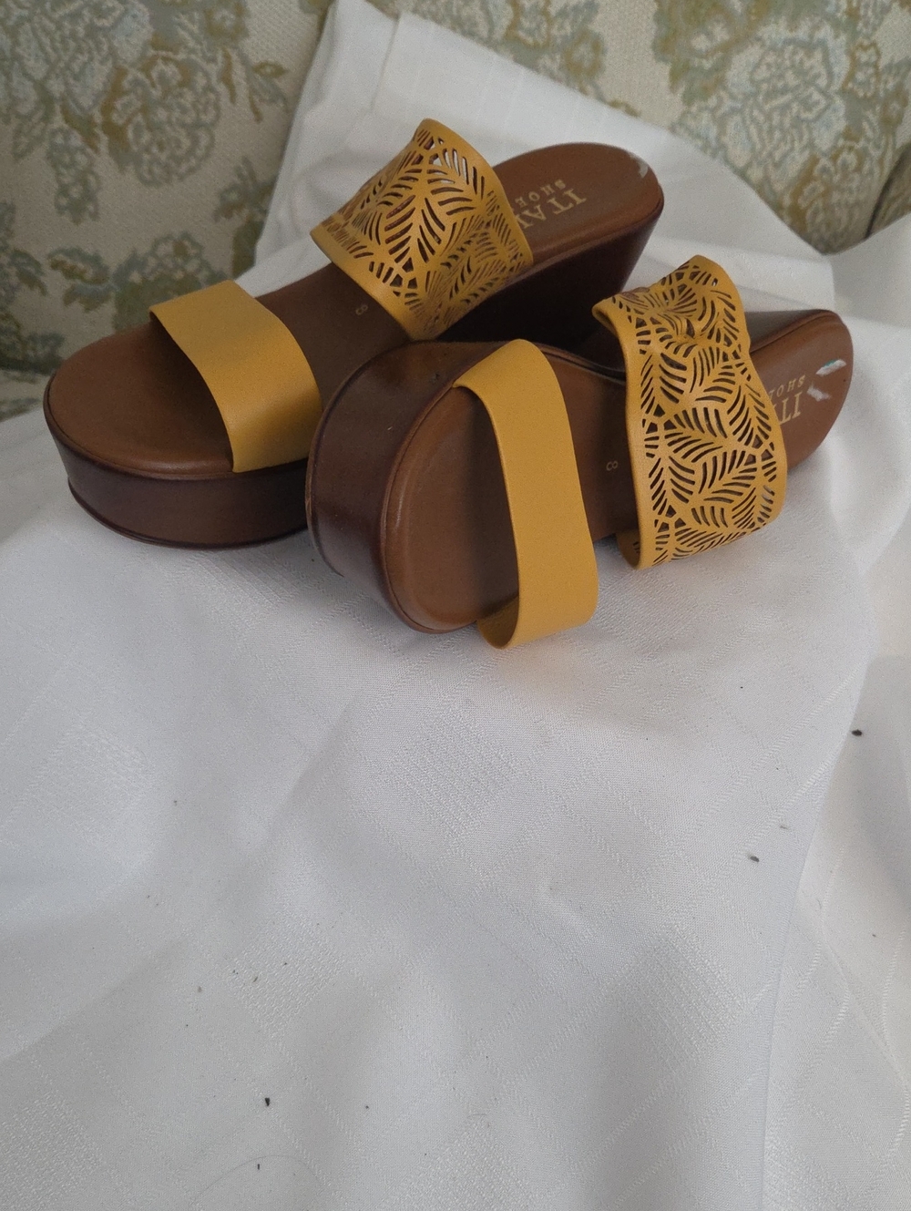 Italian Shoemakers Mustard Laser-Cut Platform Sandals